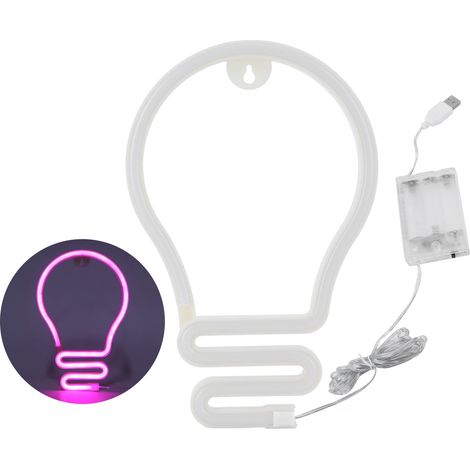 Lumière LED néon forme ampoule pour décoration murale fête Noël mariage alimenté par USB/pile rose