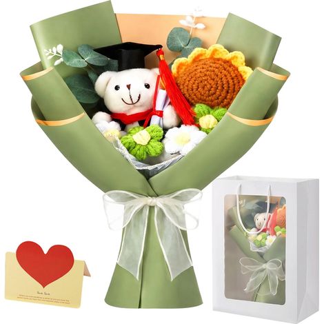 Bouquet de fleurs au crochet - Ensemble cadeau fait à la main avec sac cadeau et carte de vœux - Bouquet de roses et tournesols artificiels pour remise de diplômes et anniversaires (vert) (1/5)