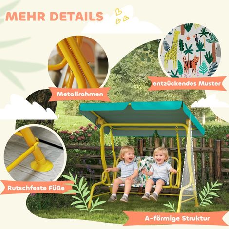 Balancelle enfant 2 places avec auvent réglable, harnais de sécurité 3-6 ans, charge max 60 kg, 112x75x120 cm, vert (1/5)