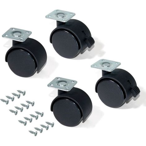 Lot de 4 Roulettes pivotantes Ø 40 mm avec plaque de fixation/roulement à billes Noir