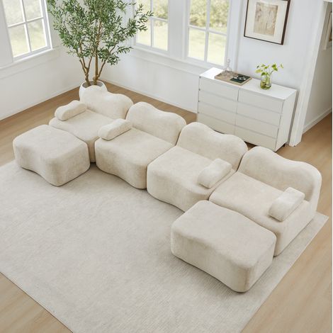 Divano modulare 4 posti 2x ottomani  beige in velluto con forma ondulata e cuscini bracciolo mobili (1/5)