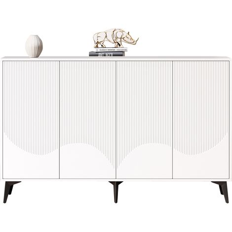 =N625P210458459W) Buffet blanc de 160 cm de largeur, meuble multifonctionnel, commode, bahut haut avec étagères réglables, 4 portes, pieds métalliques (1/5)