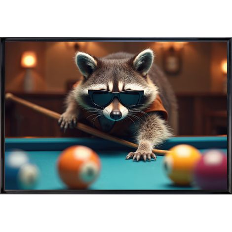 Tableau mural encadré raton laveur joueur de billard 80x120 cm - Tableau Mural Décoratif - Image Encadrée Imprimée en HD - Impression 80x120 cm sur Fibres de Bois FSC - Finition Mate - Fabriqué en Fra