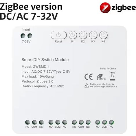 Tuya Modulo Relè a Contatto Pulito Smart Zigbee ed RF433 con 4 Canali  AC/DC 7-32V