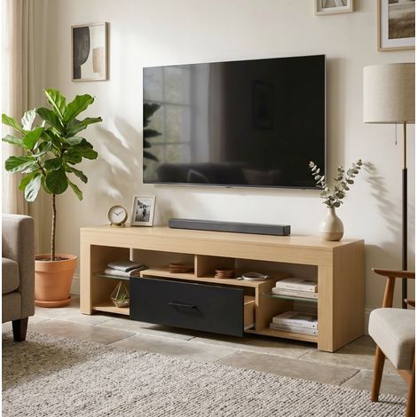 Meuble TV 140 x 40 cm pour téléviseur jusqu’à 65 pouces, rangement ouvert, étagères en verre réglables, décor chêne noir (1/5)