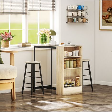 MEUBLIV Conjunto bar 3 piezas negro y roble – mesa con almacenamiento y 2 taburetes (1/5)