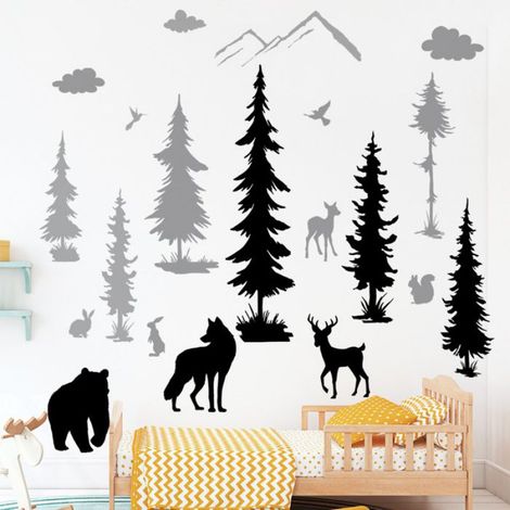 Stickers muraux avec grands pins et animaux forêt ours renard autocollants muraux autocollants pour chambre papier peint forêt (1/5)