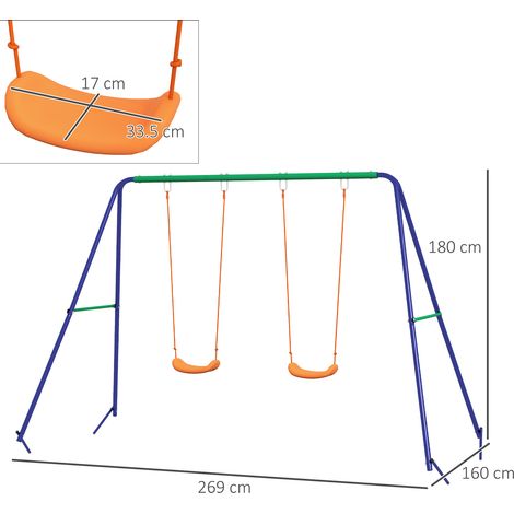 Balançoire pour enfants de 3 à 8 ans, comprend 2 sièges et 4 piquets, en métal et PP, 269 x 160 x 180 cm. (1/5)
