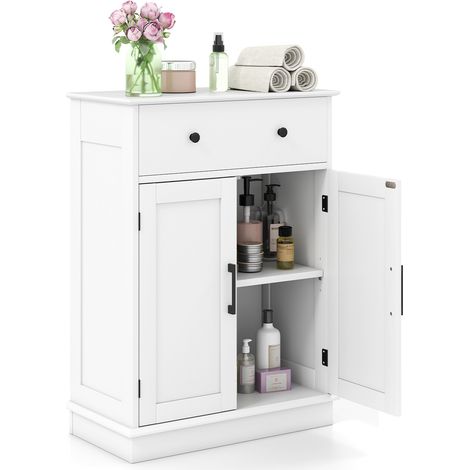 Meuble de salle de bain blanc avec tiroir et portes, étagère réglable, 56 x 30 x 80 cm, pour salle de bain, buanderie et entrée (1/5)