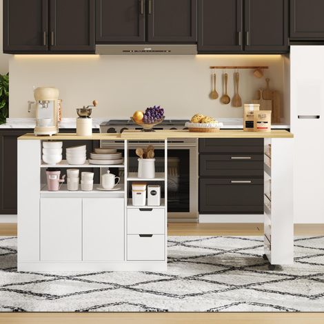 Îlot de cuisine 115 cm avec plateau extensible, meuble de rangement avec 2 tiroirs et étagères latérales, desserte café en MDF blanc et bois naturel (1/5)
