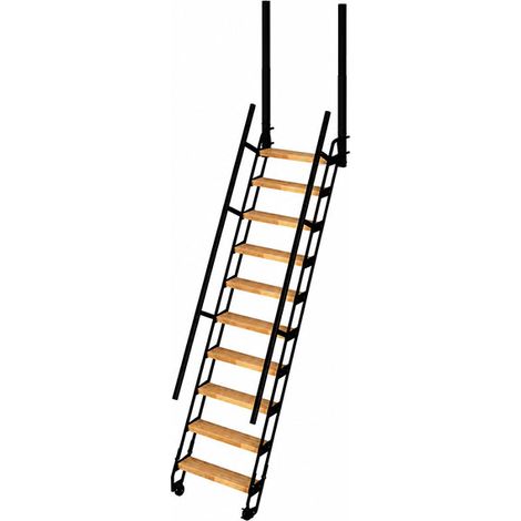 Schwarze Stahlleiter – Holzstufen – Erreichbare Höhe 2.36 bis 2.35m - KLIMB-258-SNMNAT