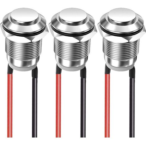 Lot de 3 Boutons Poussoirs Momentanés 12mm 2A 12V-250V Étanches Acier Inoxydable Marche Arrêt Filetage Tête Haute (1/4)