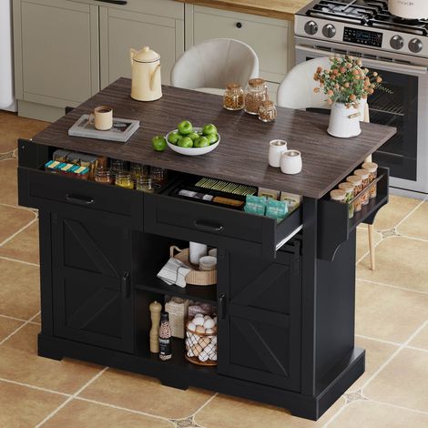 Îlot cuisine roulant 120 x 45 cm noir plan pliant portes coulissantes tiroirs style grange (1/5)