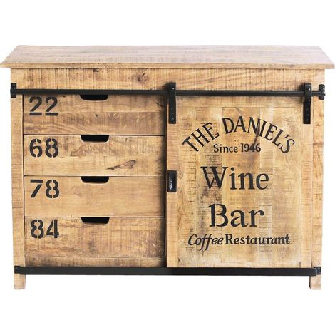 Altobuy – Buffet en manguier massif 116x40x85cm – Finition vernis nitrocellulosique – Style industriel rétro – Motif "Wine Bar" (1/5)