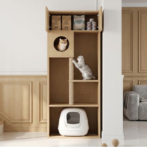 Armoire pour chat multifonctionnelle 80x45x193 cm avec griffoir, niche et rangement, MDF naturel (1/5)