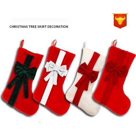 Lot De 4 Bas De Noël À Remplir,Bottes Du Père Noël À Accrocher ,Décoration De Noël Pompon - Décoration Noël,Chaussettes De Noël À Accrocher,Bottine Velours Du Père Noël (1/5)