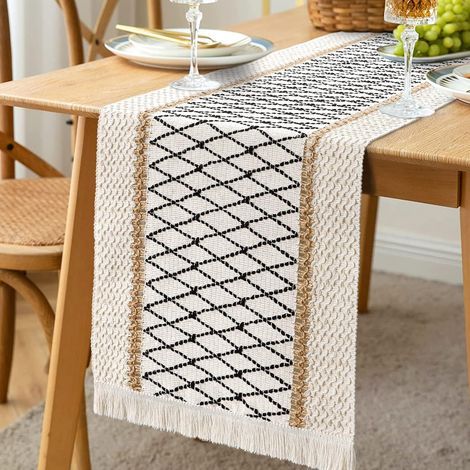 Camino de mesa rústico de macramé con borlas, tejido a mano con algodón y arpillera, para mesa de cocina o comedor. (1/5)