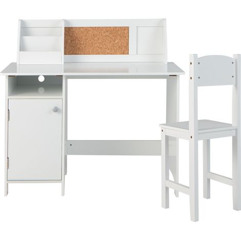 Set di scrivania e sedia per bambini in legno con scaffale armadietto bacheca, Postazione di scrittura Bianco (1/4)