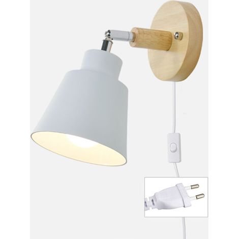 Applique murale avec interrupteur et prise, lampe de chevet macaron rétro moderne, applique murale en bois E27, convient pour le salon et la chambre (blanc). (1/5)