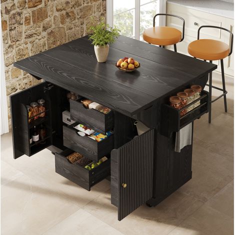 Îlot de cuisine mobile 142,5x80x95 cm en MDF noir avec rallonges, gain de place – MEUBLIV (1/5)