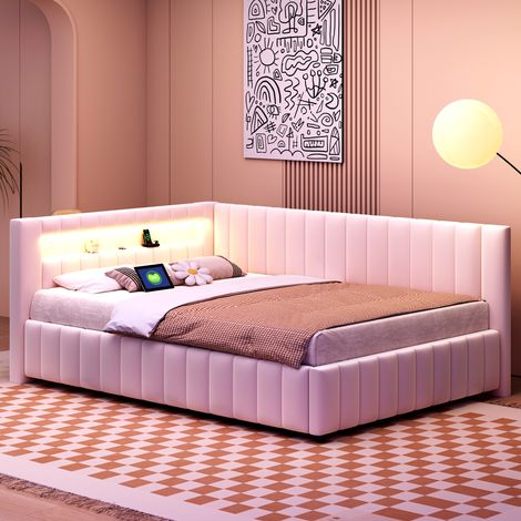 Sofá cama 140x200 cm con LED y USB, beige, terciopelo y paneles de madera FloraGrace (1/5)