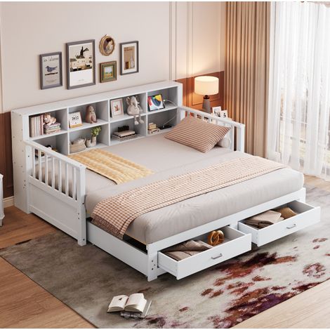 Sofá cama extensible 90x190/180x190 cm blanco de madera con cajones, estantes y toma de corriente (1/5)