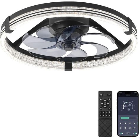 Ventilateur Plafond 51cm Silencieux, Plafonnier LED Dimmable 3000K-7000K, 6 Vitesses Réversible, APP & Télécommande, Timer, Lustre pour Chambre Salon, Noir (1/5)