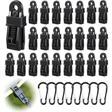 32 Pièces Attache Bache Piscine Set, 24 Pince pour Bache et 8 Mousqueton, Fixation Bache pour Camping, Carvanes, Pique-Nique (1/4)