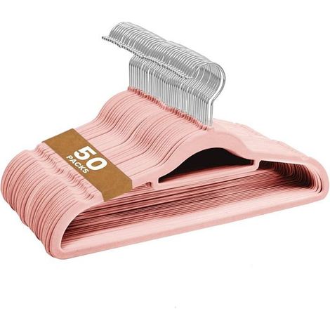 50 cintres velours rose pâle, antidérapants 0,6 cm, avec crochet pivotant 360° pour vêtements adultes et rangement compact