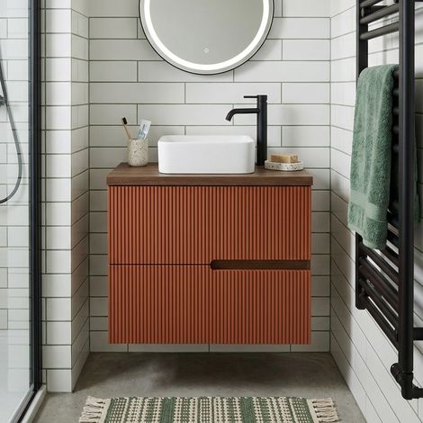 Meuble vasque à poser L.60cm suspendu Chêne Moka 2 tiroirs Brique cannelé EVA - sans colonne (1/5)