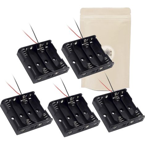 Caja portapilas 5X para 4 pilas AA LR06 con cables de conexión negros y rojos.