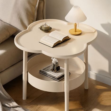 Table d'appoint Maison style crème trèfle à 4 feuilles étagère double métal hauteur 50 cm diamètre 39 cm pour salon chambre (1/5)