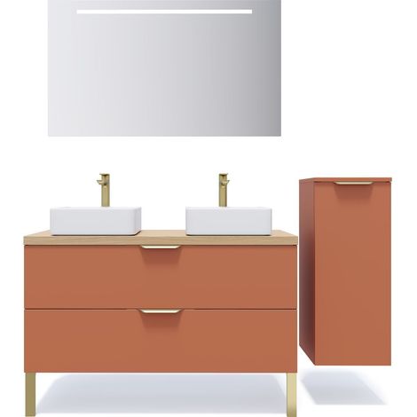 Meuble de salle de bain suspendu 2 vasques à poser 120cm 2 tiroirs Terracotta + miroir + colonne ouverture droite - Venice (1/5)