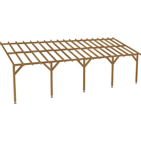 Carport adossé 9x3 – Pente 30% – Bois massif traité CL3 marron – Sections robustes pour durabilité maximale – Installation facile en 3h – Jardinatoire (1/5)