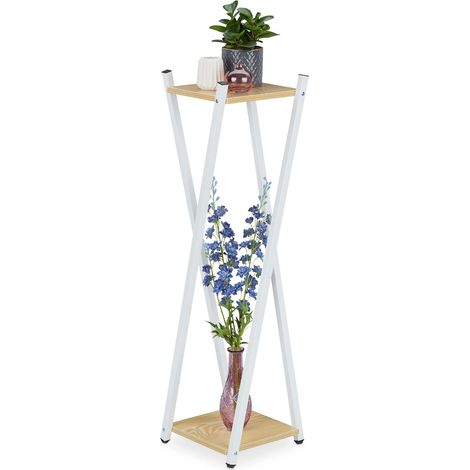Étagère à Plantes, 2 Surfaces Effet Bois, Tabouret Moderne Fleur, 99x29x29 cm, Colonne, Blanc-Brun Clair (1/5)