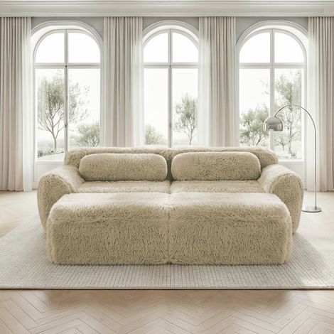 Canapé nuage modulaire beige clair sans armature, tissu peluche moelleux, canapé-lit 2 places avec 2 poufs, prêt à l'emploi pour salon confortable (1/4)