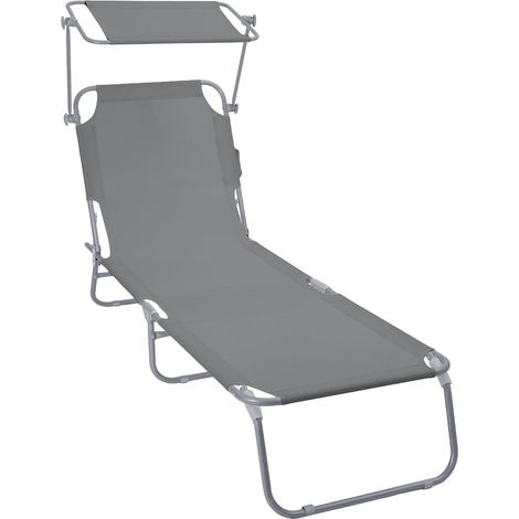 VOUNOT Folding Sun Lounger with Adjustable Backrest and Sunshade Sun Bed, Grey