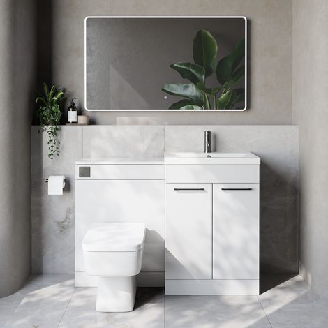 Napoli 390 Cento Gloss White 1200mm 2 Door Vanity Unit Toilet Suite with Glide Basin - 1200mm - Gunmetal Grey 160mm HandleWith Kingston Toilet Pan and Seat