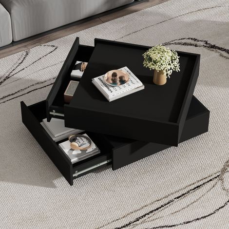 Table basse en panneau de particules noir 60 x 60 x 38 cm, pivotante à 360°, 2 tiroirs (1/5)