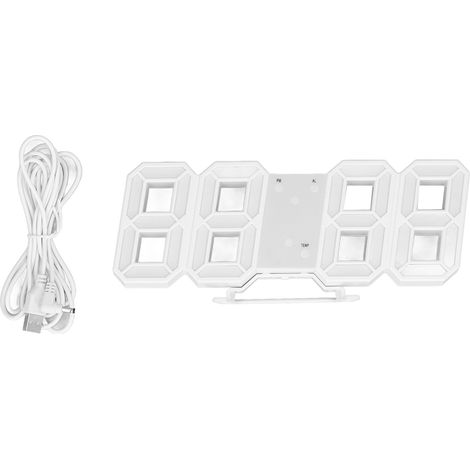 Eosnow 3D-LED-Wanduhr, minimalistischer weißer Rahmen, digitaler Alarm-Timer mit Temperatur für Zuhause, Wohnzimmer, blaues Wort