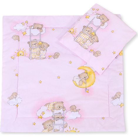 Kinderwagenbettwäsche mit Bettdecke und Kissenfüllung – Teddybären auf rosa