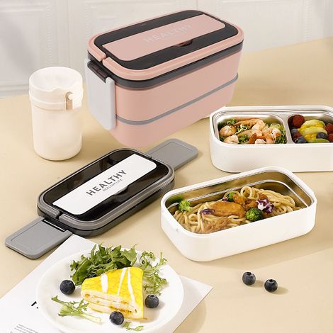 Lunchbox im japanischen Stil, konzipiert für Schüler und Büroangestellte, tragbar, mit mehreren Fächern, mikrowellengeeignet, hellrosa. (1/5)