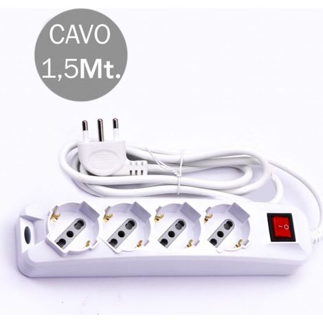 Multipresa con 4 Prese 10/16A 2P+T Bipasso/Schuko 45° e Interruttore Generale Luminoso e Cavo 1,5m Spina 16A 2P+T Colore Bianco (1/4)