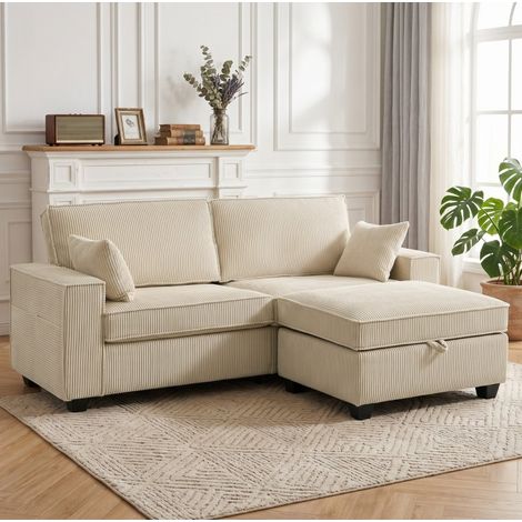 Sofá esquinero 3 plazas en L con otomana de almacenaje, pana beige OKMYHOME (1/5)