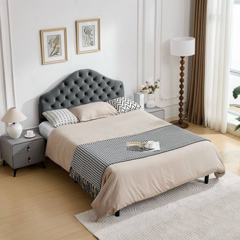 Letto adulto 140x200 cm con testiera regolabile e rete a doghe in legno, in velluto, grigio (1/5)