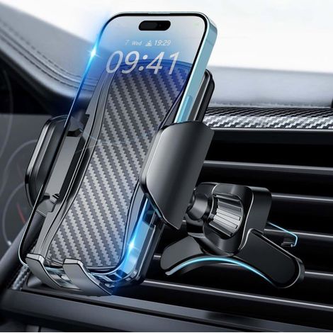 1 support téléphone voiture, fixation grille aération, rotation 360°, crochet métallique + double pied, compatible smartphones 4,0–7,0 pouces (1/5)