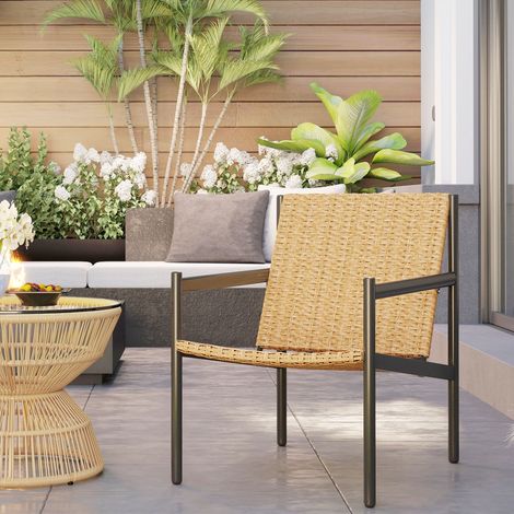 Silla de Ratán de Jardín para Exterior con Reposabrazos Estructura de Acero y Respaldo Inclinado 74x61x81 cm Natural (1/5)