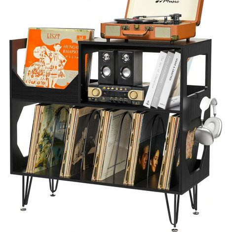 Large Rustic Record Player Stand, 2-Tier Turntable Table with Vinyl Record Storage, Vinyl Storage Cabinet with Metal Legs, Holds 370 Albums for Living Room & Bedroom (1/5)