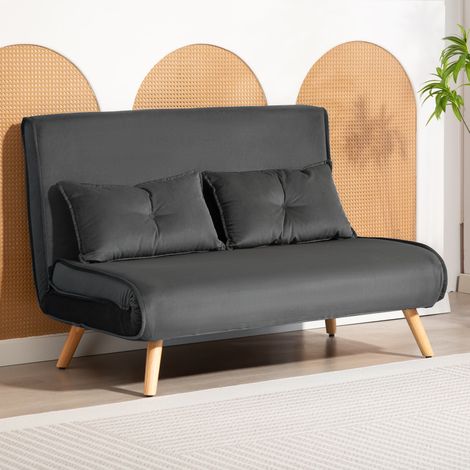 Sofá cama de 2 plazas, sofá convertible, respaldo ajustable, tapizado de tela, estructura metálica, color gris. (1/5)