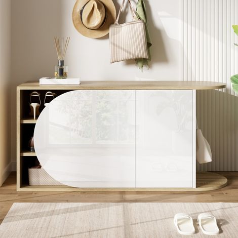 Banc à chaussures d'entrée style français brillant blanc aspect bois, 1 porte demi-circulaire, 1 porte rectangulaire, crochet latéral, 104×37×50 cm (1/5)